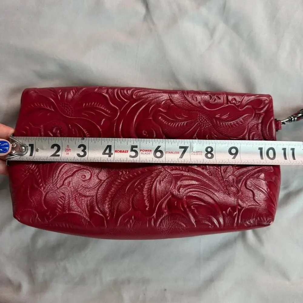 Patricia Nash Tooled Leather Foldover Clutch Wristlet Red Floral Embossed